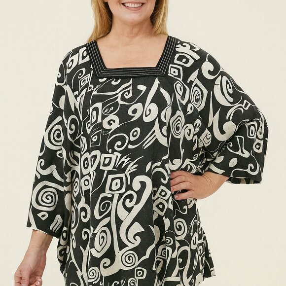 Black White Abstract Print Tunic Blouse Square Neck Oversized Boho Top - Picture 11 of 11